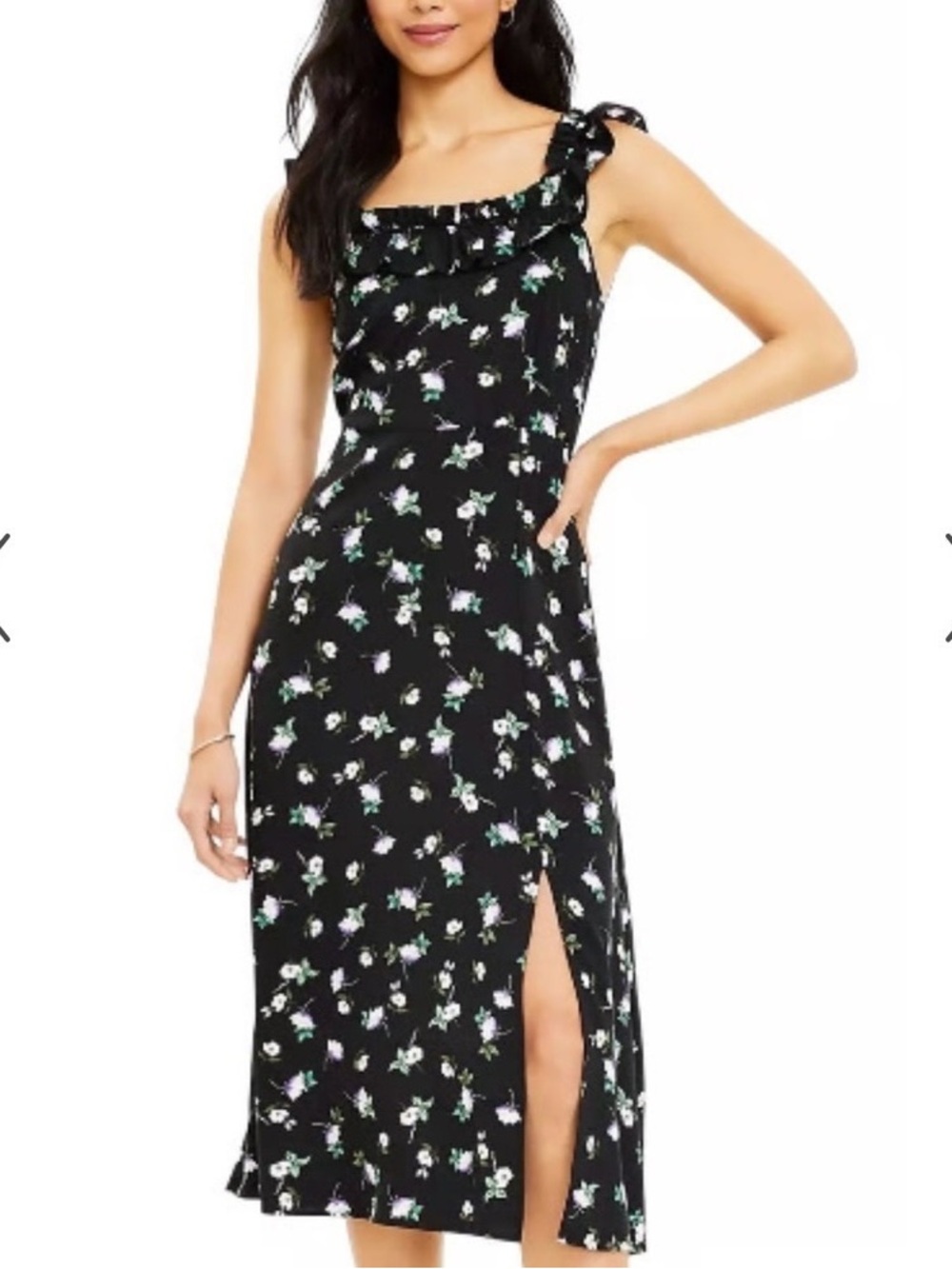 LOFT Floral Ruffle Square Neck Slit Midi Dress
